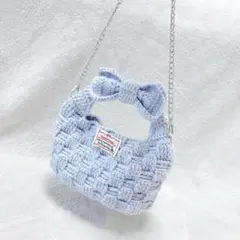 ハンドバッグ ショルダーバッグ リボン ブルー 編み物 ハンドメイド