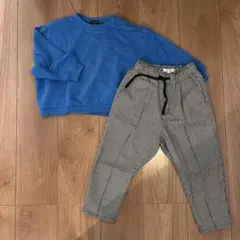 青スウェットとチェックパンツセット110