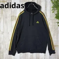 アディダス　刺繍　万国タグ　サイドストライプフードパーカー 黒　スウェット　L