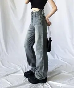 【me+em select】 カットアウトサイドリボンウォッシュストレートデニムのサムネイル