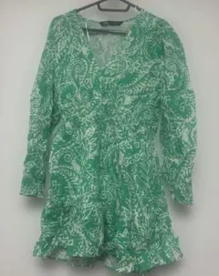 ZARA グリーン＆ホワイト Vネック 長袖 リネン ミニワンピース