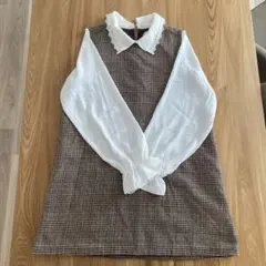 ems チェック柄レース襟ワンピース