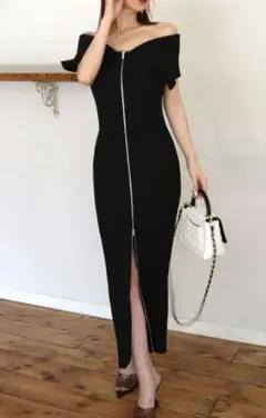 ROYAL PARTY ダブルZIP オフショル タイト ニットワンピース