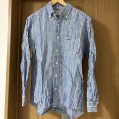 Crocodile麻100ブルーストライプ柄 ボタンダウンシャツ Mサイズ
