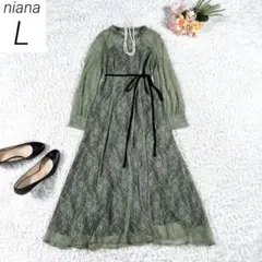 niana　シアーレース ウエストリボンドレス　ワンピース　ライトグリーン　L