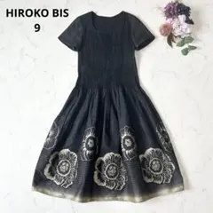 美品◇HIROKO BIS◇シャーリング異素材ワンピース フラワー刺繍◇13AB 美品◇HIROKO BIS◇シャーリング異素材ワンピース フラワー刺繍◇13AB