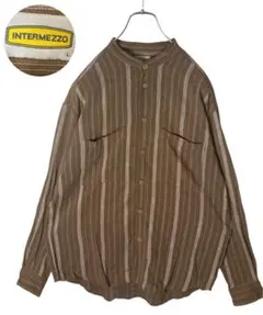 日本製INTERMEZZOくすみマルチストライプノーカラーリネンレーヨンシャツLのサムネイル