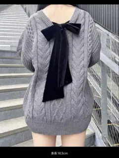 イング バックベロアリボンケーブル チュニック ニット チャコール グレー