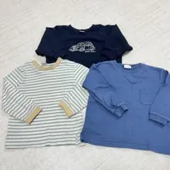 プティマイン　長袖カットソー 3点セット 100cmネイビー ストライプ ブルー