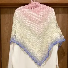 三角ショール　さくら　グラデーション　ハンドメイド　ピンク　青　ストール　バレエ
