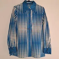 ＊古着＊昭和レトロ＊青と白の水玉模様 長袖シャツ レディース サイズМくらい