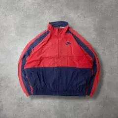 90s白タグ古着NIKEナイロンジャケット刺繍ロゴスウッシュ紺赤DB349