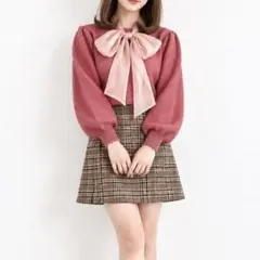 ピンク ボウタイ付き ニット セーター 長袖