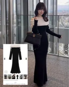 【大人気】オフショルダーリブニットワンピース 黒 大人可愛い 冬 ロング丈 長袖