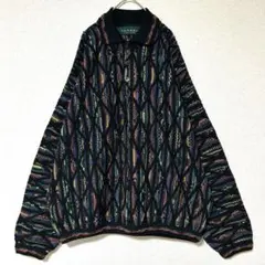 TUNDRA ツンドラ 3Dニット XL 襟付きハーフボタン 総柄 マルチカラー