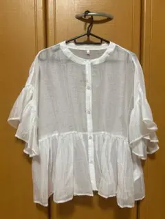 ホワイト 半袖 フリル シャツ M