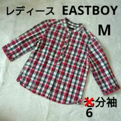 値下げ❗EASTBOY レディースM【 シャツ 】チェック ノーカラー レッド系