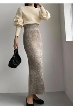Louere ラメニットハイウエストペンシルスカート　ニットタイトロングスカート