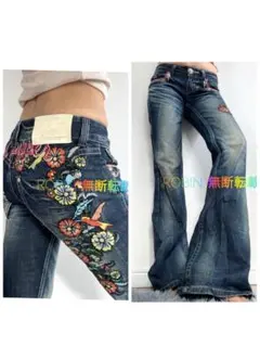 激レア　Y2K red pepper レインボー刺繍　ボヘミアン　フレアデニム