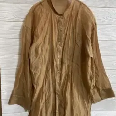 ブラウン 長袖シャツ ノーカラー　ロング丈　重ね着　シースルー　308