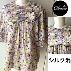 ドゥロワー シルク混 チェック ボウタイブラウス 茶系 ブラウン 36