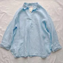 タグ付き新品　ユニクロ　プレミアムリネンスキッパーストライプシャツ（7分袖）　L