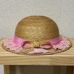 メゾピアノ　ピンクギンガムチェック レース リボン　麦わら帽子　54cm 未使用のサムネイル