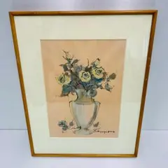 詳細不明 署名あり 花瓶 花 抽象 風景画 額装 アクリル 絵画 35×25cm