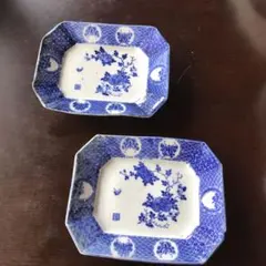 美品　陶器　年代物　盛り皿　角皿　八角絵皿　牡丹や蝶の絵柄が素敵な　藍の色合い