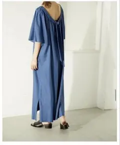 blackbymossy バックオープン 半袖ワンピース ブルー