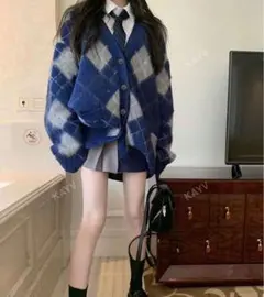 韓国SHEIN アーガイル ブルー カーディガン