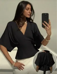 SHEIN★ブラック Vネック バルーンスリーブ ブラウス