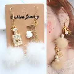香水瓶&NO.5 パールon ミンクファー ロングピアス シャネルストーン可