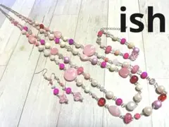 【A221】ishジェイド・フューシャピンクカルサイト2連ネックレス＆ピアス