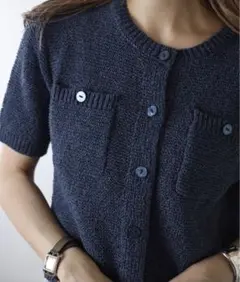 未使用 ボンジュールサガン スクエアポケットブークレニット半袖カーディガン