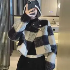 新品チェック柄 ノーカラージャケットS