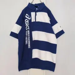 ビンテージ古着　アシックス　ラガーシャツ　ブルー　ビッグロゴ　ボーダー