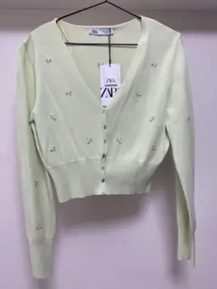 ZARA 花柄刺繍 カーディガン 長袖ライトグリーン タンクトップ2セット