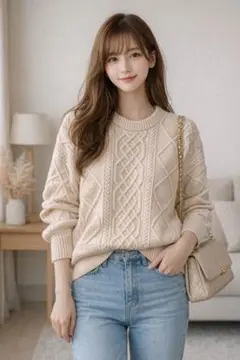 ケーブル編みニット セーター アイボリー 長袖