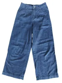 レディース ブルーワイドデニムパンツ 薄手ウエストゴム カジュアル