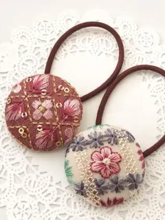 【No.152】インド刺繍 くるみボタン38㎜ ヘアゴム 2個セット
