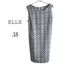 ELLE ワンピース ノースリーブ 総柄 幾何学柄 38 M 白 黒 ひざ丈のサムネイル