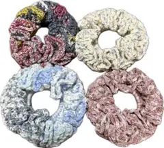 多色編み物シュシュ4個セット　ハンドメイド　手編み