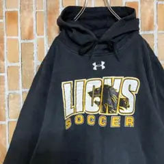 382アンダーアーマー ロゴ刺繍 パーカー XLビッグプリントアメリカ古着黒白黄