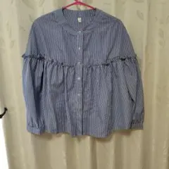 青と白のストライプ フリル付きシャツ L