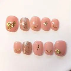 【現品】ネイルチップ ピンク ゴールド ラメ 桜 金箔風 春 和風ショート