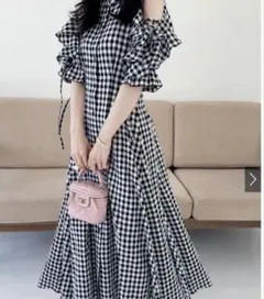 GRL人気♥ オフショルダー フリルギンガム チェック柄 ロングワンピース M