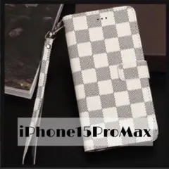 チェック柄 手帳型 iPhoneケース iPhone15ProMax ホワイト