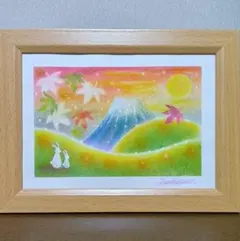 秋のパステルアート 紅葉富士山とお月見うさぎ パステル画原画　風景画　インテリア