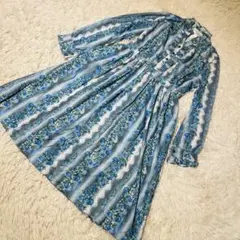 ワンピース 花柄　レディース M フリル 気品 ミディ丈 ナイトブルー